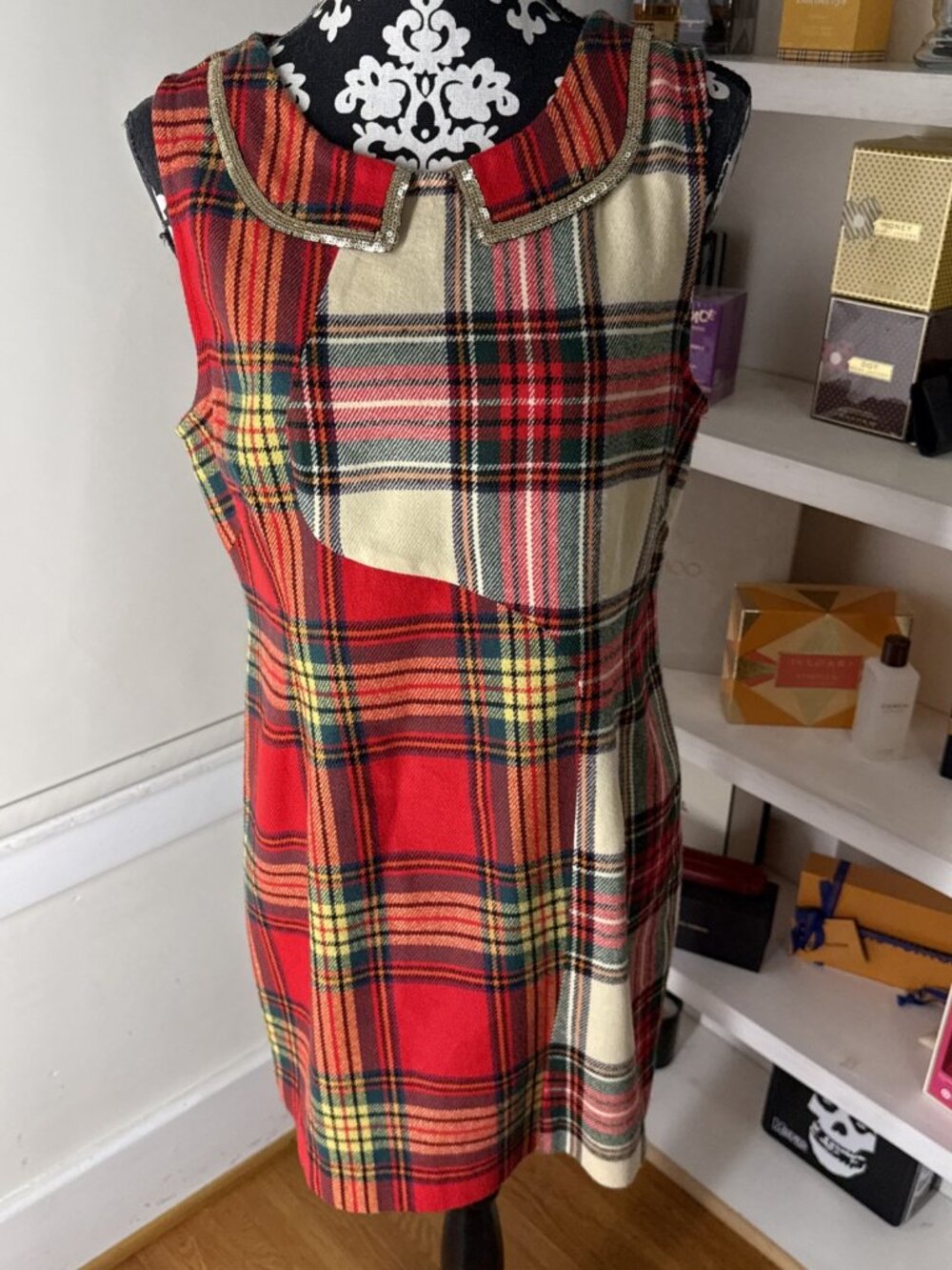 NWOT Princess Vera Wang red/ivory plaid dress, sequin collar, size 13 orig $58